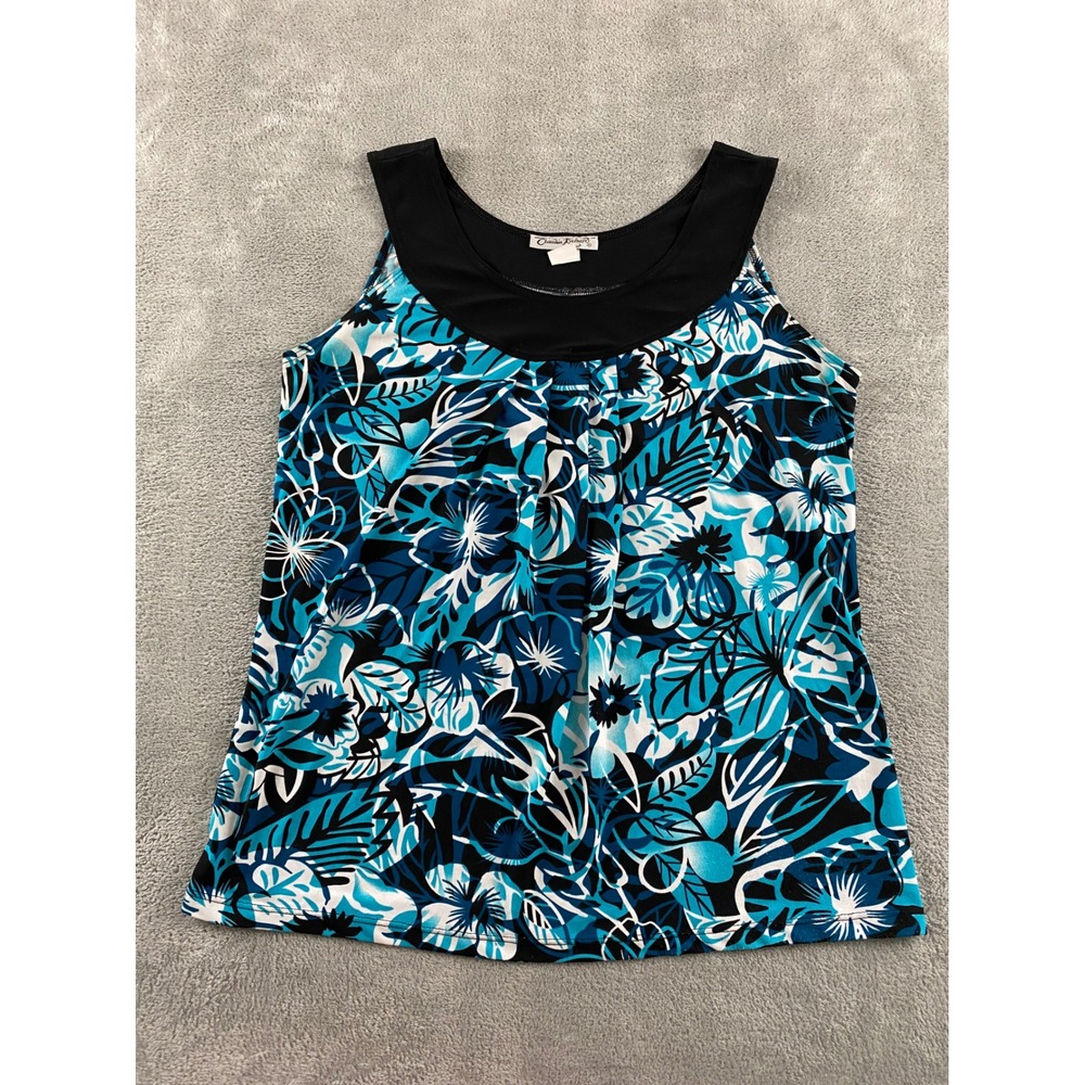 Claudia Richard Womens Blue Black Floral Tropical Scoop Neck Tank Top Large